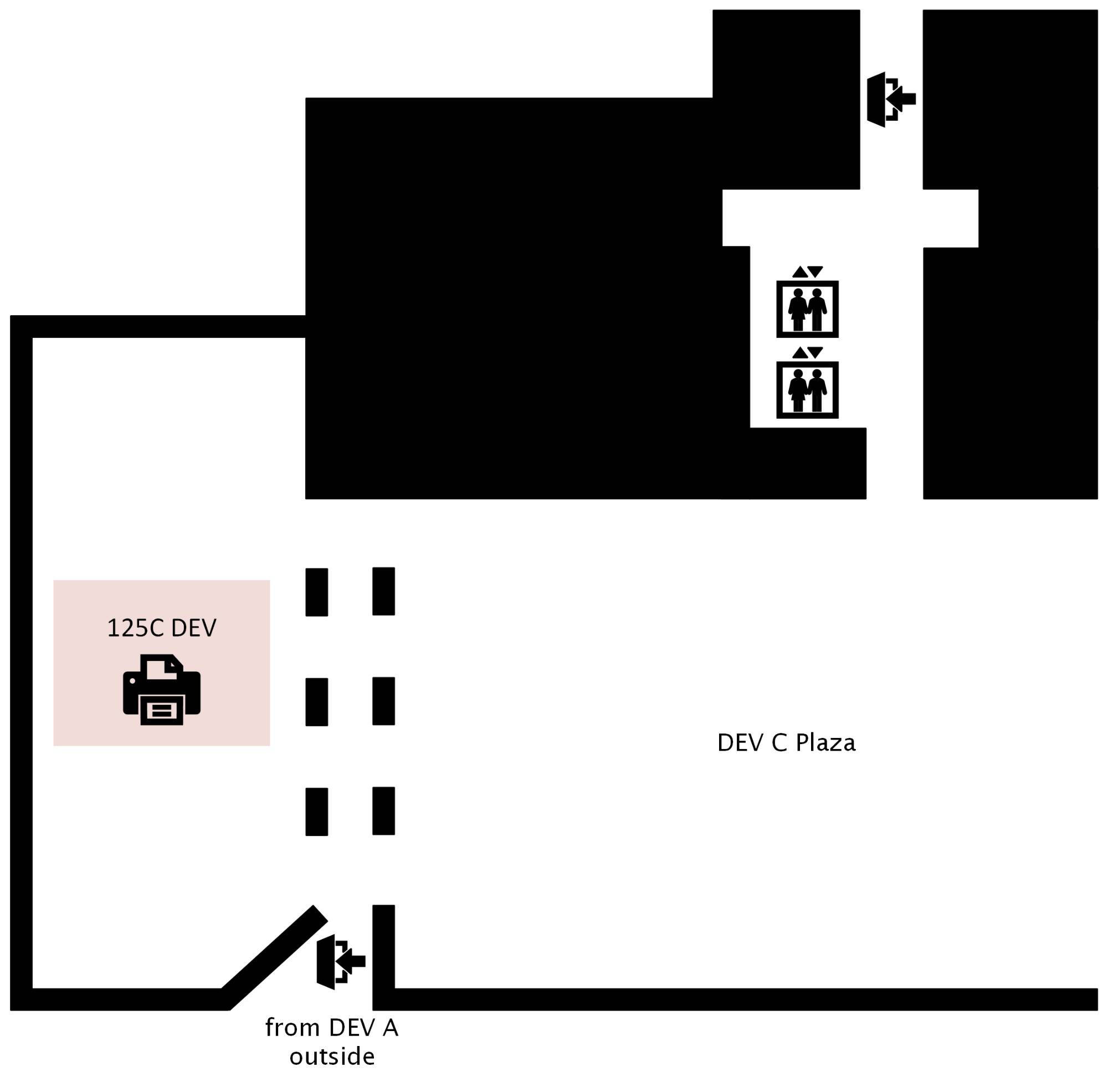 A map of the first floor of the Richard M. DeVos Center indicating a printer with printing capabilities only is available in DEV 125C